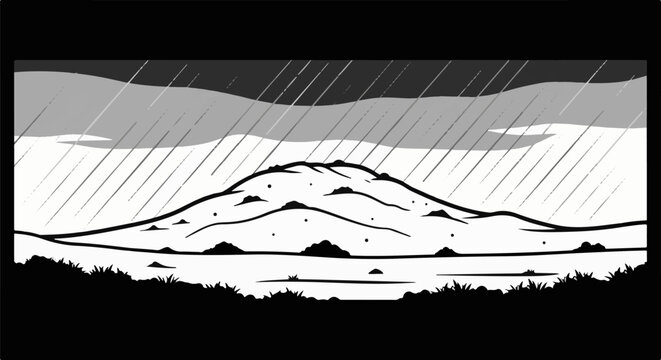 Stylized depiction of a lumpy hill under heavy rainfall