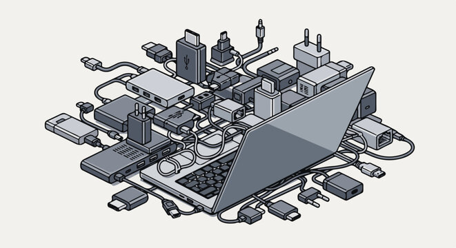 Laptop tangled in a web of numerous electronic cables and adapters
