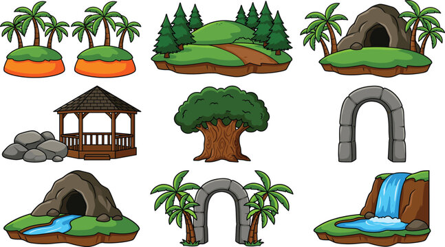Cartoon Nature Landscape Elements Set with Islands, Trees, Cave, Waterfall, Arch and Pavilion for Game Design, Environment Illustration and Outdoor Graphics