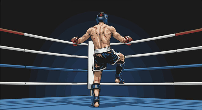Muscular fighter in boxing ring, back view, worn and scarred