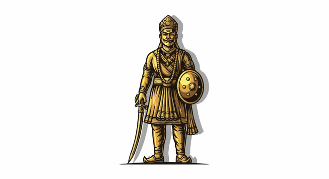 Golden warrior king in regal attire with sword and shield