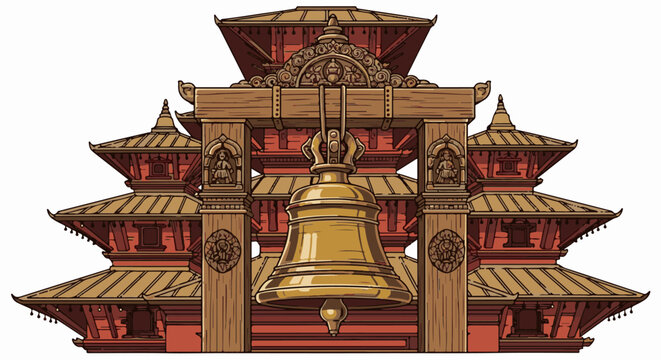 Ornate traditional pagoda structure with a large golden bell hanging