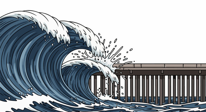 Massive ocean wave crashing against a wooden pier with splashing water