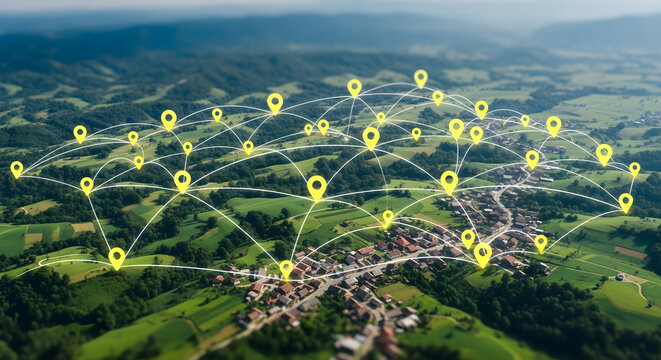 Aerial view of a rural village connected by a digital network of location pins and lines