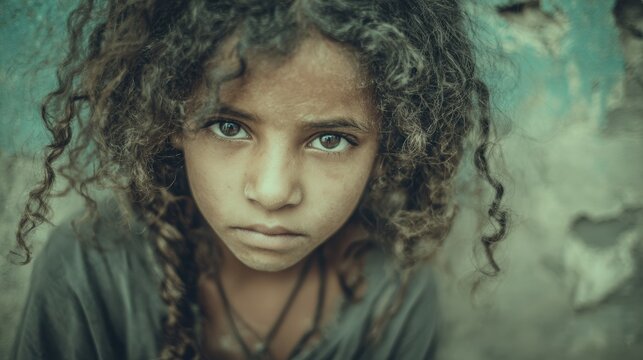 Arab girl with curly hair and tearful eyes gazes directly at the camera, dusty cheeks contrasting against the blurred backdrop of damaged school walls