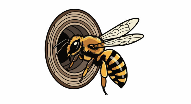 Stylized bee emerges from a circular wooden structure, detailed artwork
