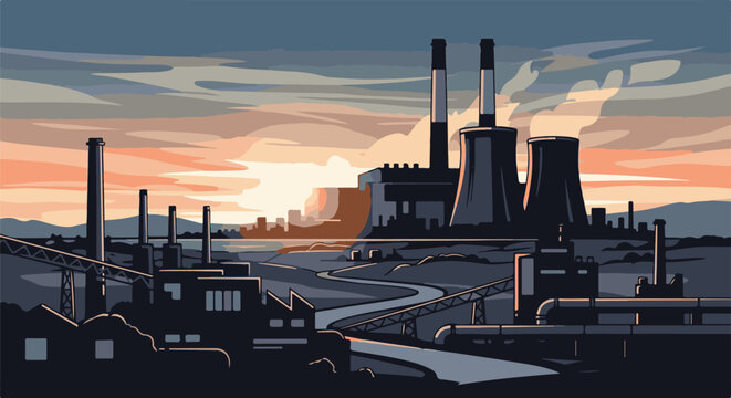 Pixel art industrial landscape with cooling towers and smokestacks at sunset