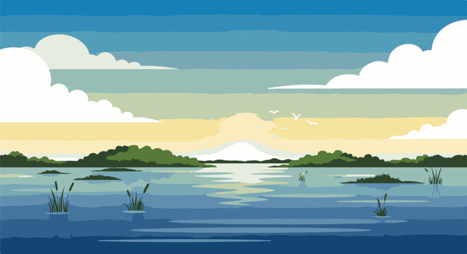 Pixel art serene lake with distant snowy peak and birds flying