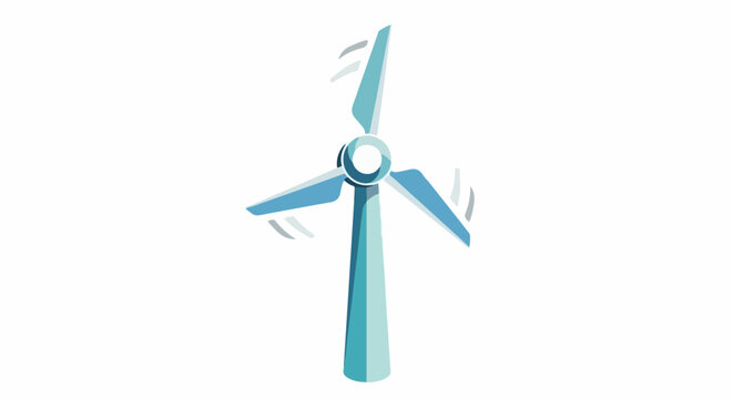 A stylized, light blue wind turbine with three rotating blades against a white background