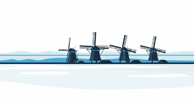 Four dark windmills stand against a pale blue sky and water