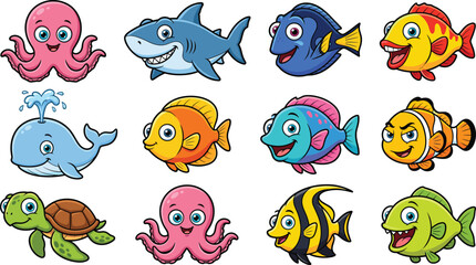 Fototapeta premium Cute Cartoon Sea Animals Set with Fish, Shark, Octopus, Turtle and Whale Characters for Kids Marine Life Illustration and Underwater Design