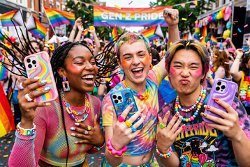 Fototapeta premium Group of happy young Gen Z friends celebrating Pride Month parade taking selfies with colorful smartphones wearing tie-dye outfits and chunky plastic jewelry.