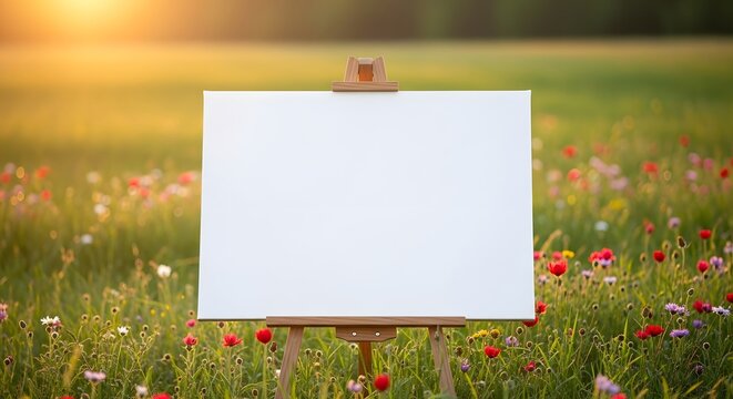 Blank White Canvas on Wooden Easel in Field of Wildflowers at Sunset