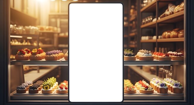 Delicate Assorted Donuts Displayed in Bakery Window with Central White Frame