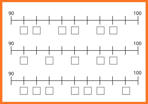 BLANK NUMBER LINE WORKSHEET 90-100 WITH BOXES. EDUCATIONAL MATH TEMPLATE FOR KIDS TO PRACTICE COUNTING AND NUMBER WRITING SKILLS. NUMERICAL LINE IN MATHEMATICS