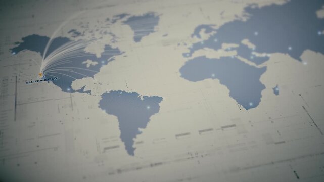 Global business network map with glowing data connections, worldwide connectivity, logistics routes, secure communication, cloud infrastructure, big data technology : San Francisco, USA