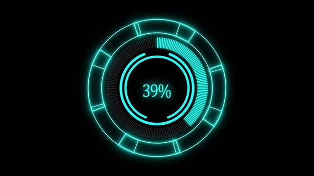 Circular loading indicator with seven percent progress and glowing neon blue segments on black background for digital dashboard and software interface
