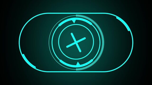 Minimalist futuristic camera viewfinder frame with glowing cyan rounded rectangle and central focus indicator for video production