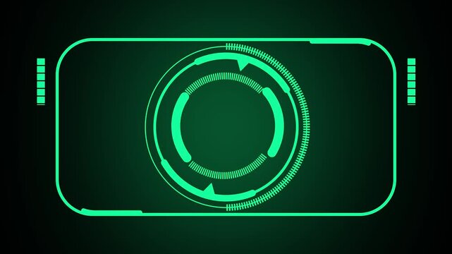 Digital camera viewfinder frame in vibrant green with circular focus interface and grid lines for professional photography