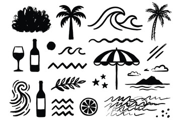 Obraz premium Tropical vacation icons set featuring beach umbrellas, palm trees, waves, wine bottles, and sun motifs in bold black and white line art style for branding and travel marketing materials