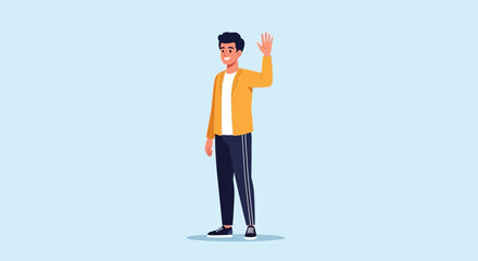 Young Man Waving Hand Friendly Greeting. © rizalfajrin