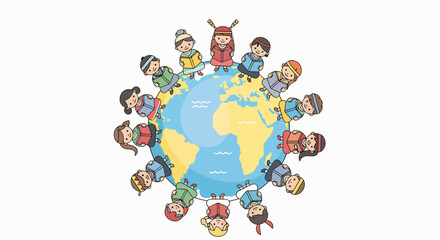 Naklejka premium Illustration of diverse cartoon children standing around a globe on a white background with a colorful and educational mood.