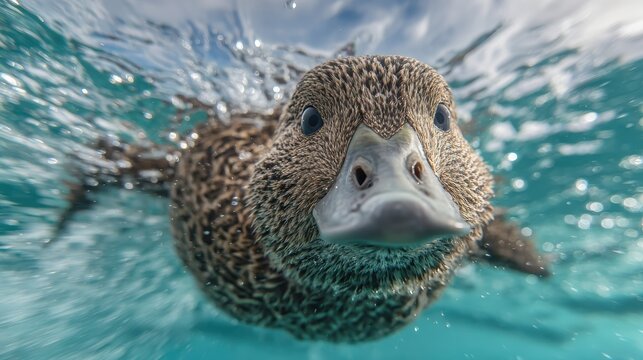King eider duck swimming underwater with clear turquoise water and dynamic splashes, showcasing detailed plumage and aquatic habitat in a fjord setting