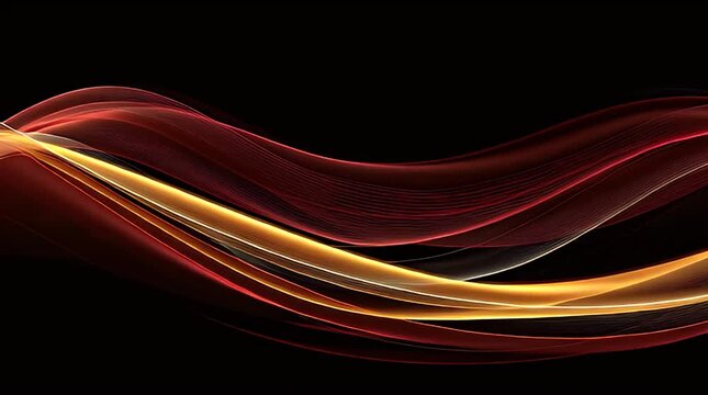A dark, abstract composition featuring flowing, layered waves of orange, gold, and red hues. The waves gracefully curve against a black background