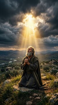 Ancient prophet contemplate: Noah receive, divine message, sky opening, sacred covenant, coming flood, mighty ark, new creation, faithful man, holy spirit, heaven ray.