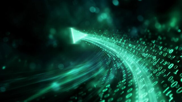 Flickering particles and vibrant neon create immersive depth, Vivid green digital corridor with flowing data streams and cinematic visual effects