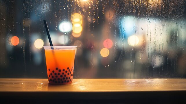 A plastic cup of orange bubble tea with black tapioca pearls and a straw on a wooden surface by a rain - streaked window at night with blurred city lights