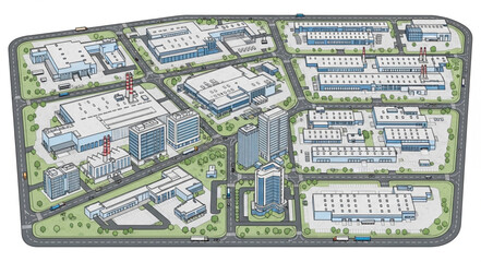 Obraz premium Aerial view of a modern industrial park with many buildings and roads.