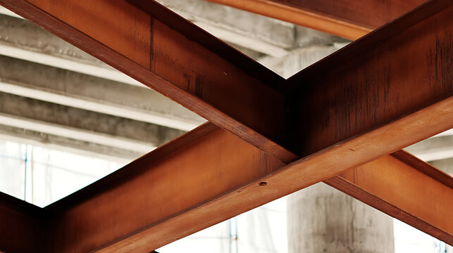 Crossed rusted metal beams in structure emphasizing natural beauty and tranquility
