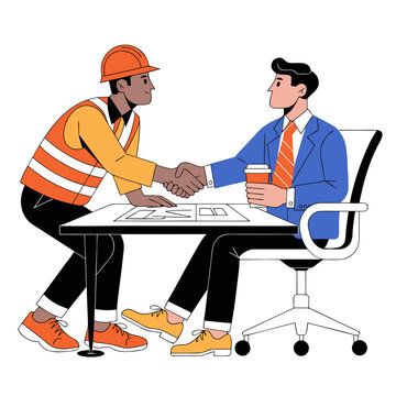 Business handshake between engineer in safety vest and corporate manager in suit, architectural plans and tools on table, concept of construction deal, project approval and partnership, workplace coll