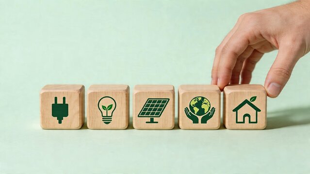 Ecology sustainability renewable energy concept ecofriendly technology green living climate change protection hand holding wooden block with solar panel icon and earth hands