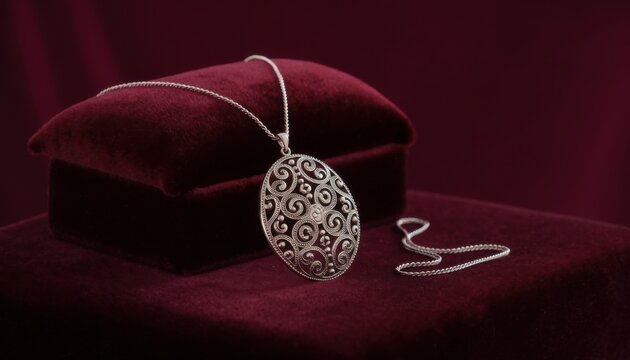 Intricate Filigree Silver Oval Pendant Necklace on Velvet Display