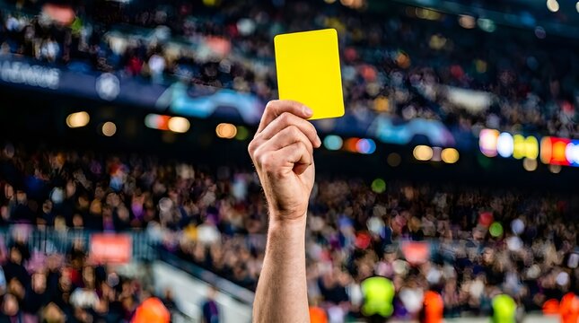 Referee Showing Yellow Card in Soccer Stadium with Blurred Background