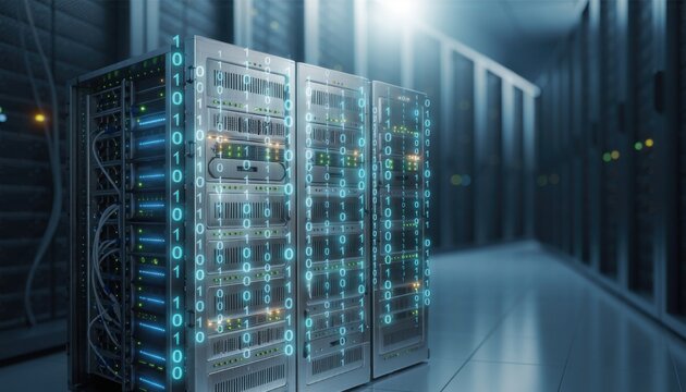 Modern server racks filled with glowing binary data in a sleek, futuristic datacenter environment