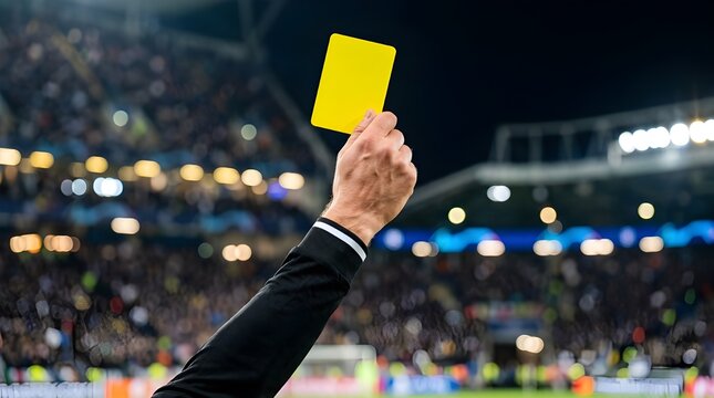 Referee Showing Yellow Card in Soccer Stadium with Blurred Background