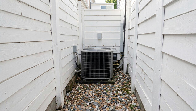 White walls frame narrow alleyway. Gravel path stretches between siding panels. Metal cage sits at alley's base. Outdoor unit mounted on back wall. No animals or plants visible in scene