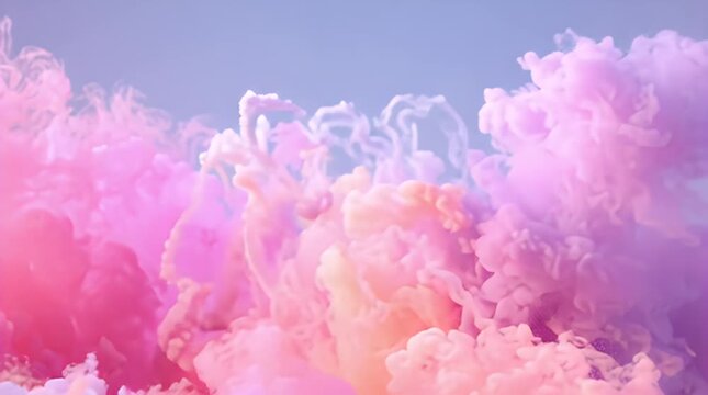 A vibrant abstract composition shows a cloud of blended pink, peach, and lavender hues against a light blue backdrop. The swirling forms resemble smoke