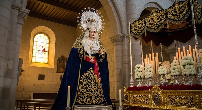 Ornate religious statue and processional float inside church