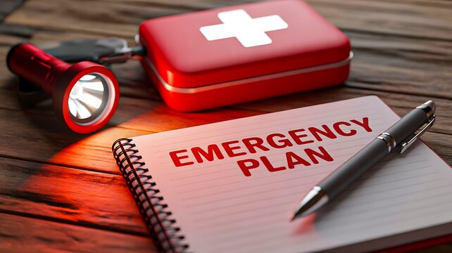 Emergency preparedness plan with medical kit and flashlight for disaster safety and survival concept