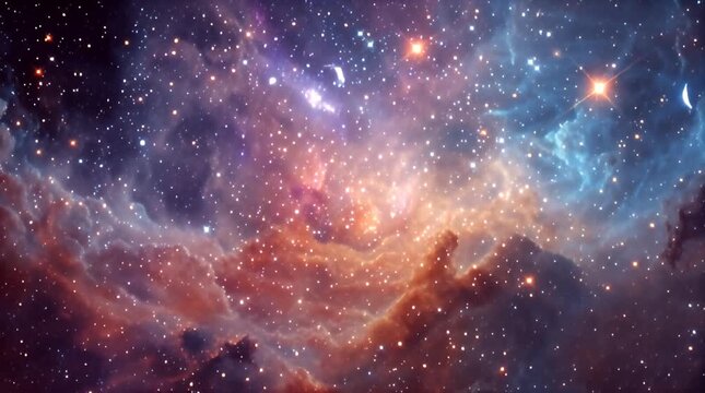 A vibrant nebula, filled with radiant stars and swirling clouds of colorful gas. Brilliant stars twinkle. A celestial panorama