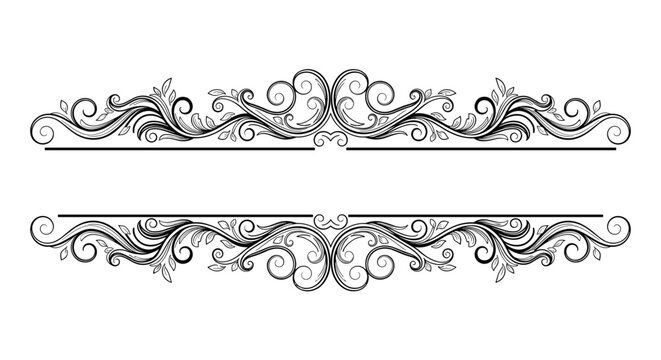 Highly detailed black vintage ornamental divider with swirling scrolls and leaf patterns to separate sections of text on a white background.