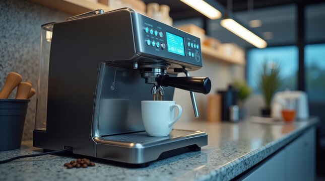Cafetera con acabado met&aacute;lico y botones azules brillantes que dispensa caf&eacute; humeante