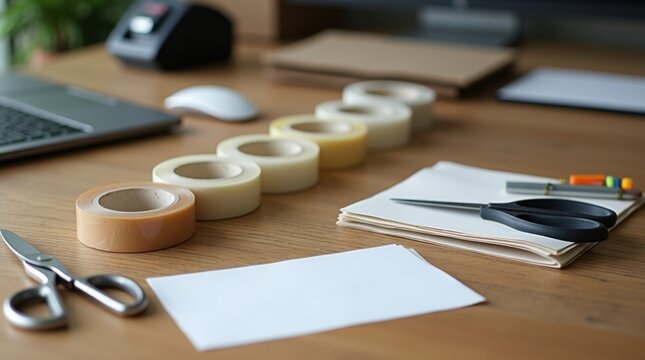 Materiales de embalaje organizados sobre la mesa: cinta adhesiva, tijeras, etiquetas, montaje del negocio