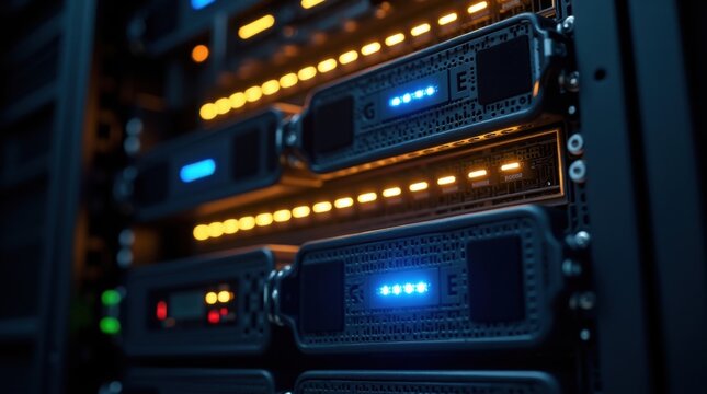 Rack de servidores con m&uacute;ltiples capas de servidores y cables, luces que se encienden en secuencia