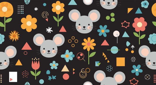 Playful seamless pattern featuring cute mice faces, bright flowers, and colorful geometric shapes on a solid black background.