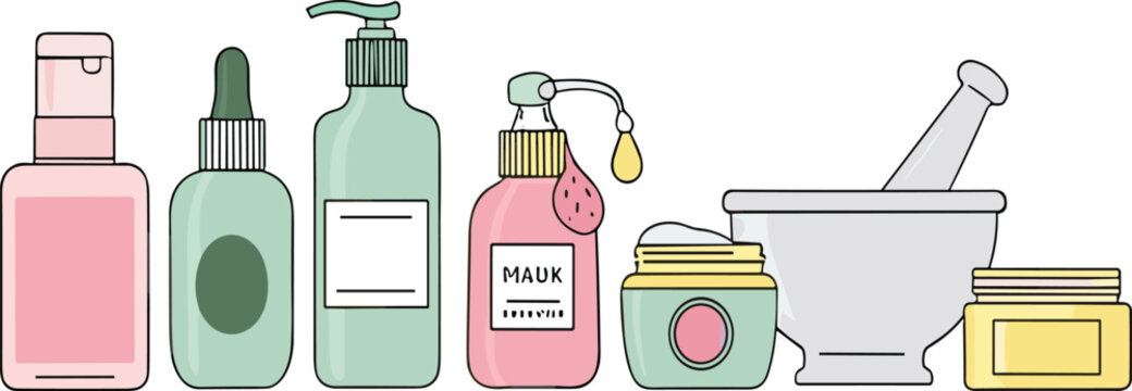 Cosmetic and skincare bottles set with serum dropper pump jars and beauty cream containers illustration